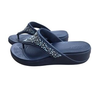 Crocs Monterey Beaded Wedge Flip Flops Navy Blue Womens 9 Sandals Beach Pool